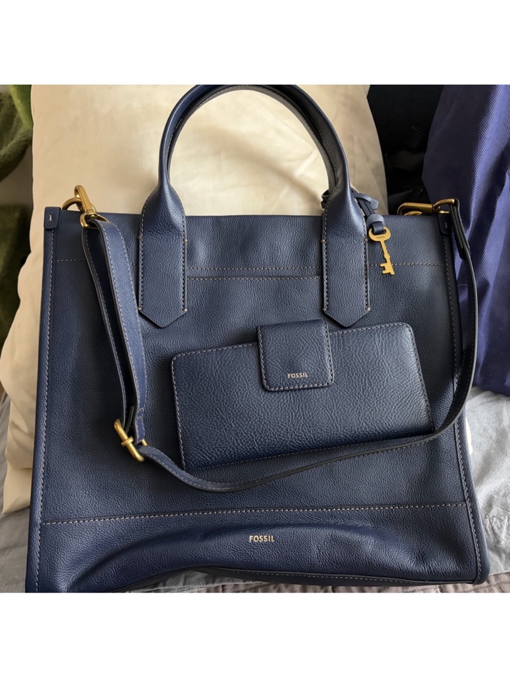 Fossil Navy Leather Tote with Wallet